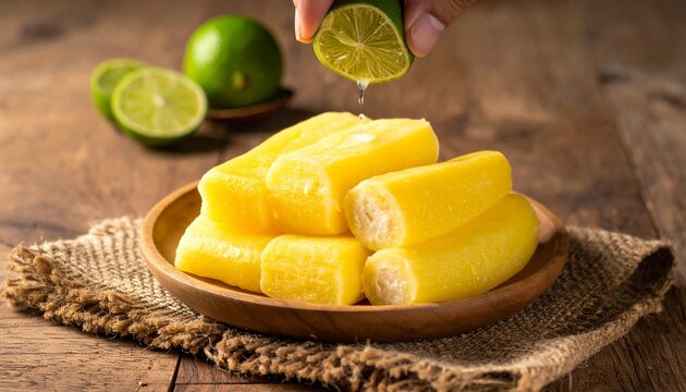 Hand squeezing fresh lime juice onto boiled yellow cassava on a rustic wooden table.