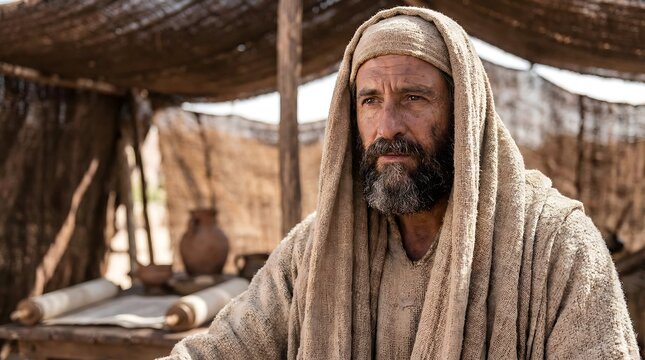 Biblical Era Man in Traditional Attire Reflecting on Ancient Scrolls in a Historical Setting