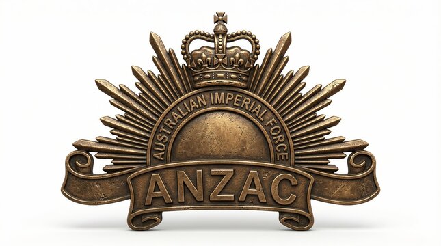 Close-up of ANZAC Australian Imperial Force badge on white background, symbolizing military heritage and patriotism. Copy space area