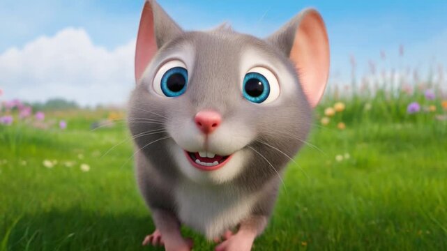 Cute 3D animated mouse standing in a sunny meadow, stylized cartoon rodent exploring a grassy field with colorful wildflowers on a bright summer day.
