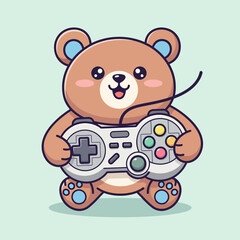 Fototapeta premium Cute Bear Playing Video Game with Controller.