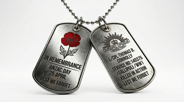 Two silver dog tags on a chain, commemorating ANZAC Day and a soldier, on white background Copy space area