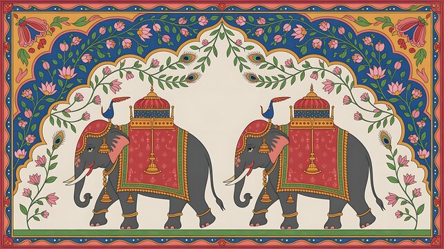 Indian mughal miniature painting depicting a maharaja procession with elephants and attendants