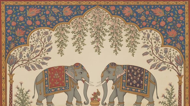 Indian mughal miniature painting depicting a maharaja procession with elephants and attendants
