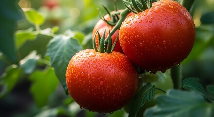 Obraz premium Delicious plump red tomatoes covered in water drops on a sunny day
