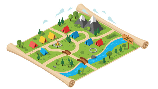 Isometric map of a summer campground with tents of different colors a river bridges mountains and a campfire on a parchment scroll.