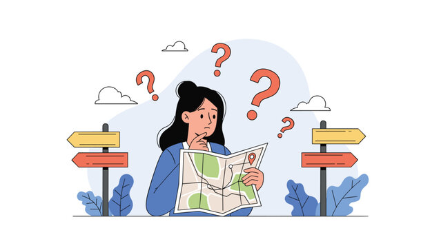 Young woman holding a paper map looking confused with question marks around her head and signposts pointing in different directions.