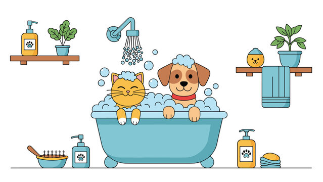 Cute cartoon cat and dog sitting together in a blue bathtub filled with bubbles and foam in a clean pet grooming salon bathroom.