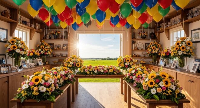 A room with a large window, wooden shelves, and colorful balloons hanging from the ceiling.