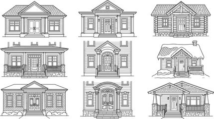 Fototapeta premium Collection of detailed black and white residential house facade line art illustrations, for real estate and architectural design