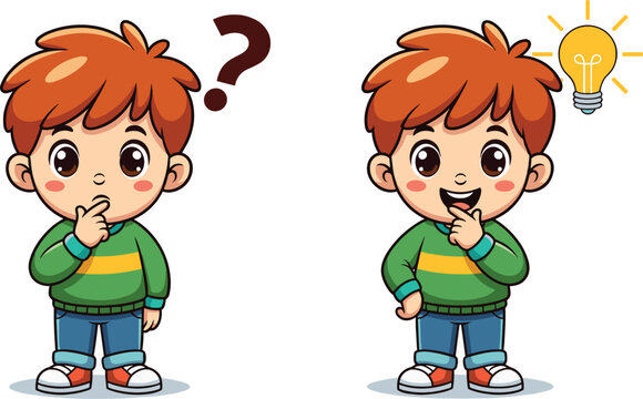 Cute cartoon vector illustration of a little boy thinking with a question mark and finding a bright idea