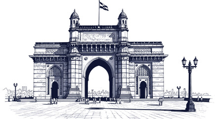 Gateway Of India Mumbai Landmark Vector Illustration Featuring Arch Architecture Historical Monument Tourists And City Skyline Scene Sketch. © Jakiatur