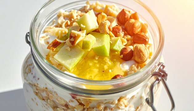 Healthy overnight oats with apple nuts and honey in a glass jar.