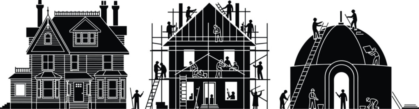 House Construction Silhouette Set Featuring Victorian Mansion Building Process Workers On Scaffolding And Dome Structure Vector Illustration Isolated.