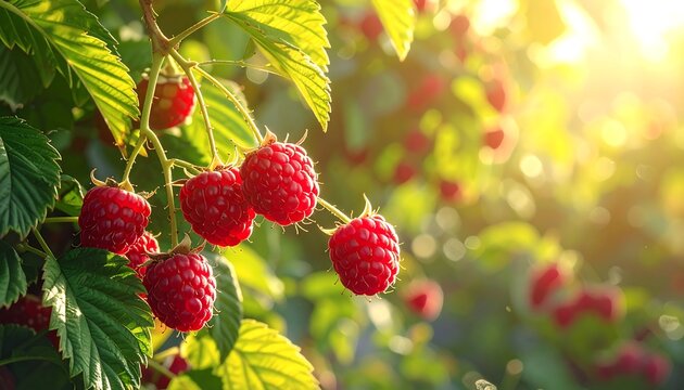 Lush raspberry bush with ripe fruits bathed in warm sunlight evoking summer