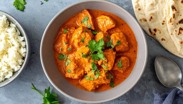 Top down view of a delicious bowl of Indian chicken curry with rice and naan bread.