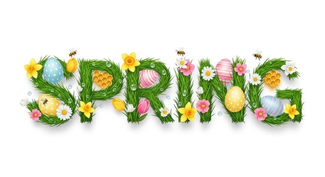 Spring Easter eggs and flowers on green grass with bees and flowers.