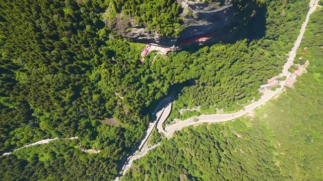 Altindere, Trabzon Province, Turkey. Sumela Monastery. Altindere Valley Park. Coniferous forest on the slopes. Aerial View, HEAD OVER SHOT