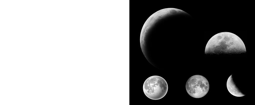 Collection of Moon Phases Isolated on Black Background - Full Moon, Half Moon, and Crescent Moon Set