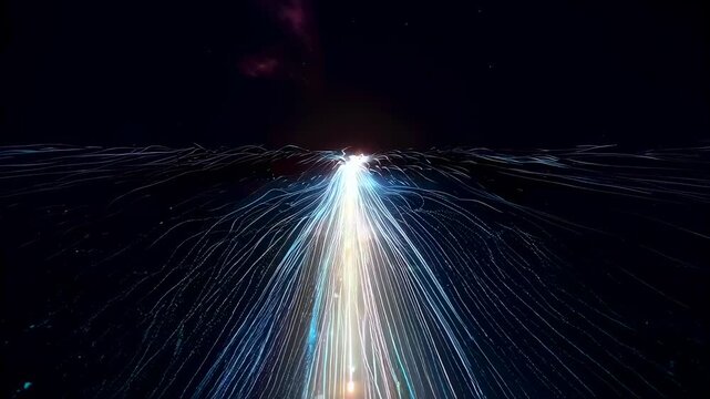 radiant data stream racing toward viewer, luminous streaks form tunnel of light across dark void, cinematic sense of acceleration and scale, conveys highspeed network and fiber optic