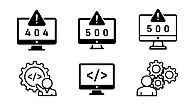 Illustration of web error icons featuring 404 and 500 alerts with coding monitor and gears.