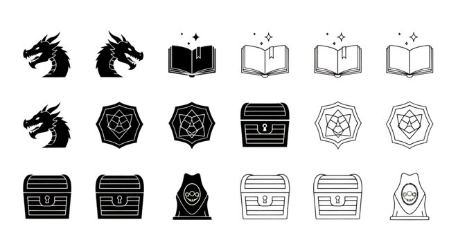 Set of circular geometric logo icons in black and white variations.