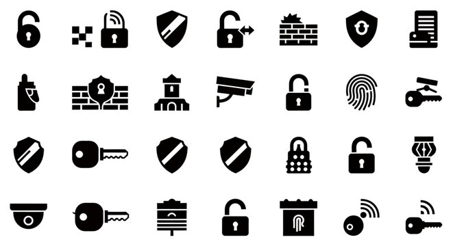 Collection of black vector security and technology icons in a dense grid.