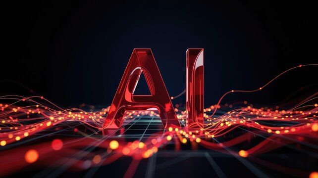 Red glossy AI letters on dark digital grid with glowing data lines representing future tec