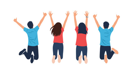 Fototapeta premium Group of four happy friends seen from behind are jumping high in the air with arms raised to celebrate their joy and success.