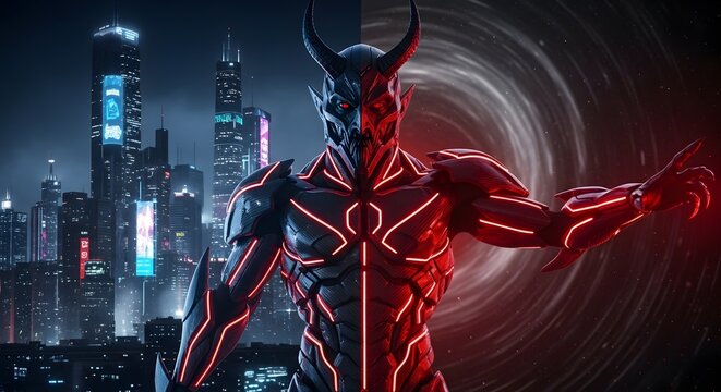 A futuristic-dark aesthetic. The red LED glow from the carbon-fiber suit illuminates the dark environment, ensuring the devil feels physically present in the cyber-noir scene.
