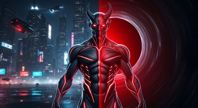 A futuristic-dark aesthetic. The red LED glow from the carbon-fiber suit illuminates the dark environment, ensuring the devil feels physically present in the cyber-noir scene.
