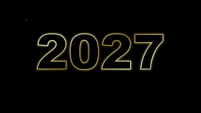 Happy New Year 2027 Elegant Golden Text Animation with Sparkling Particles on Black Background for Festive Holiday Celebration Video