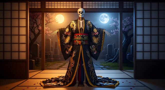 A "Memento Mori" aesthetic. The realistic physics of the silk kimono over the bone structure, combined with detailed gold embroidery, creates a premium, hauntingly beautiful visual.
vvvv