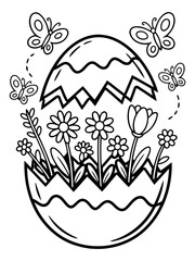 Fototapeta premium Easter Bloom: An artistic illustration showcasing an eggshell blossoming with life, featuring delicate flowers and graceful butterflies. A symbol of rebirth, renewal, and the vibrant season of spring.