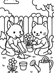 Fototapeta premium Friendly Gardener's Helpers: A heartwarming scene where a cat and fox join together in planting flower in a vibrant garden, conveying a message of friendship, collaboration, and nurturing.