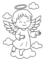 Fototapeta premium Angel in the Sky: A sweet angel soars through the fluffy clouds with a gentle smile. It brings a feeling of peace and divine presence.