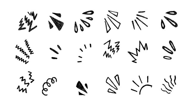 Set of 18 Hand-Drawn Comic Action Elements and Manga Expression Doodles on Transparent Background
