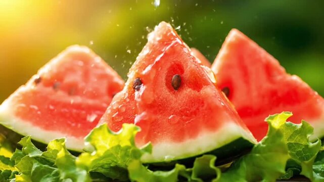 Triangular slices of watermelon stacked with green rind and juicy flesh.