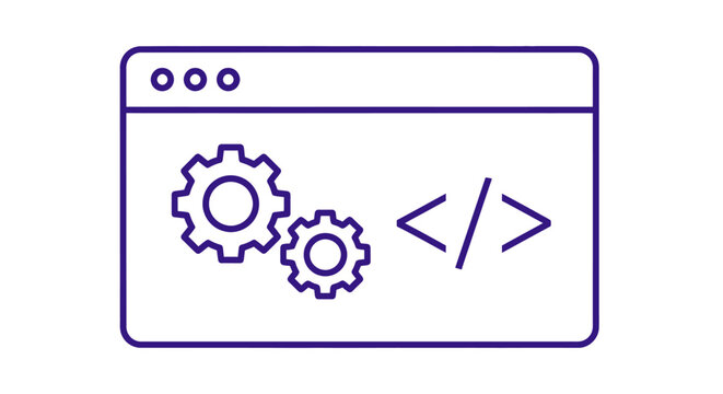 Technology and Code: Browser Window with Gears and Coding Symbols Illustration.