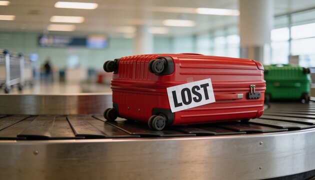 Red suitcase with lost label on carousel at airport. Missing luggage lying on conveyor belt after flight. Travel problem and passenger frustration. Airlines baggage claim service issue.