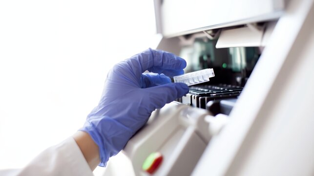 Scientist loading sample cartridge into laboratory PCR machine