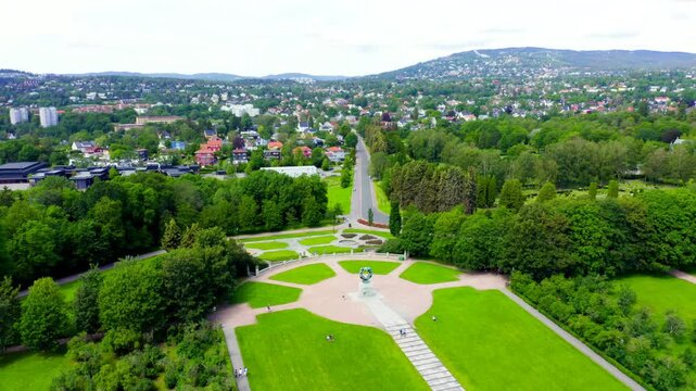Oslo, Norway. Frogner Public Park with avenue of sculptures. Drone footage, Departure of the camera