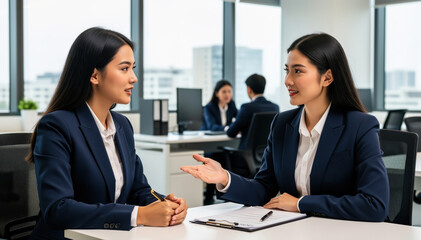 Engaged Dialogue: Two professional women engaged in an intense discussion at a modern office setting, showcasing collaboration and thoughtful communication.