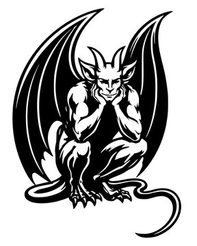 Detailed black and white illustration of a winged gargoyle perched in a pensive or crouching pose.