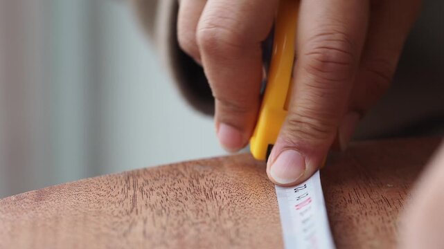Measuring wood with a tool in a home setting