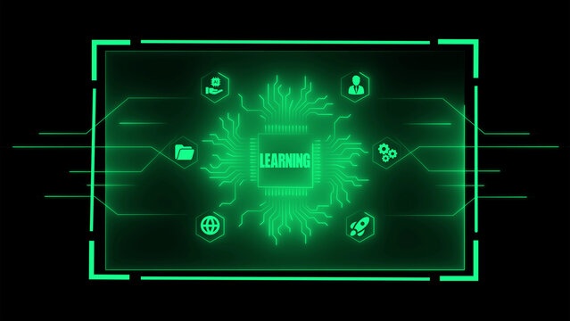 Digital circuit board with glowing green lines and representing learning concepts like teamwork, data, and innovation on a black background