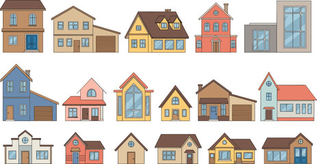 Naklejka premium Residential House Collection with Various Home Styles and Architecture Designs in Flat Style for Real Estate Illustration and Neighborhood Design Set