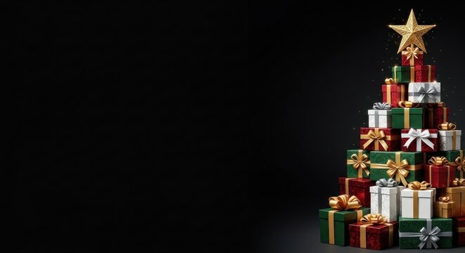 A Christmas tree made of gift boxes on a black background.