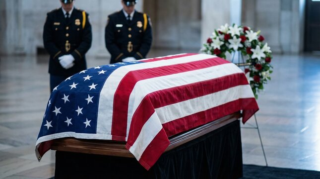 Coffin draped with American flag at memorial service with guards  