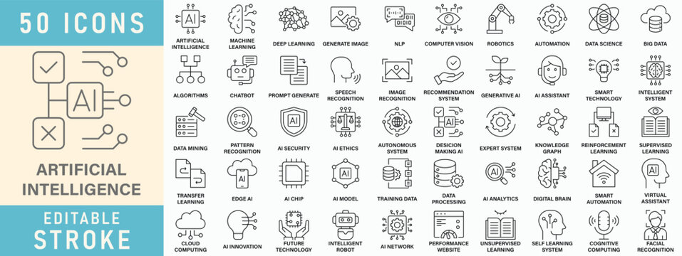 Artificial intelligence line icon collection, Editable stroke. Vector illustration.